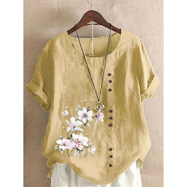 Women’s Shirt Linen Shirt Blouse Cotton Linen Floral Daily Vacation Going out White Yellow Pink Print Button Short Sleeve Vintage Holiday Casual Crew Neck Regular Fit Summer Spring 60841f41ab1cafccb41b3ecca0eaca1b