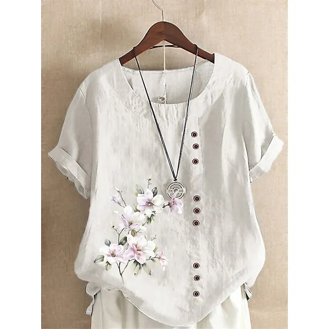 Women's Shirt Linen Shirt Blouse Cotton Linen Floral Daily Vacation Going out White Yellow Pink Print Button Short Sleeve Vintage Holiday Casual Crew Neck Regular Fit Summer Spring