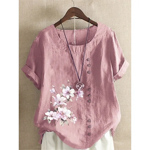 Women’s Shirt Linen Shirt Blouse Cotton Linen Floral Daily Vacation Going out White Yellow Pink Print Button Short Sleeve Vintage Holiday Casual Crew Neck Regular Fit Summer Spring bafff29cc7ee14db5a830e6108b32ec4