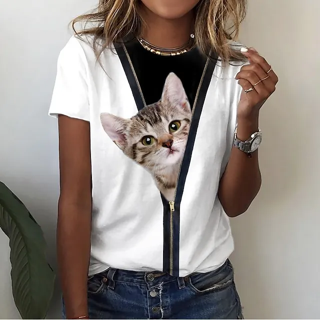 Women's T shirt Tee Cat 3D Casual Weekend White Print Short Sleeve Basic Round Neck Regular Fit