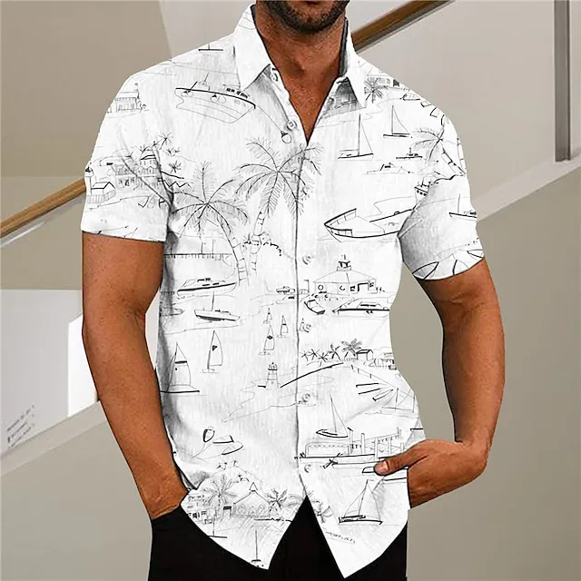 Men's Shirt Graphic Shirt Aloha Shirt Coconut Tree Graffiti Turndown Green Purple Pink Yellow Light Green Print Outdoor Street Short Sleeve Button-Down Print Clothing Apparel Fashion Designer Casual