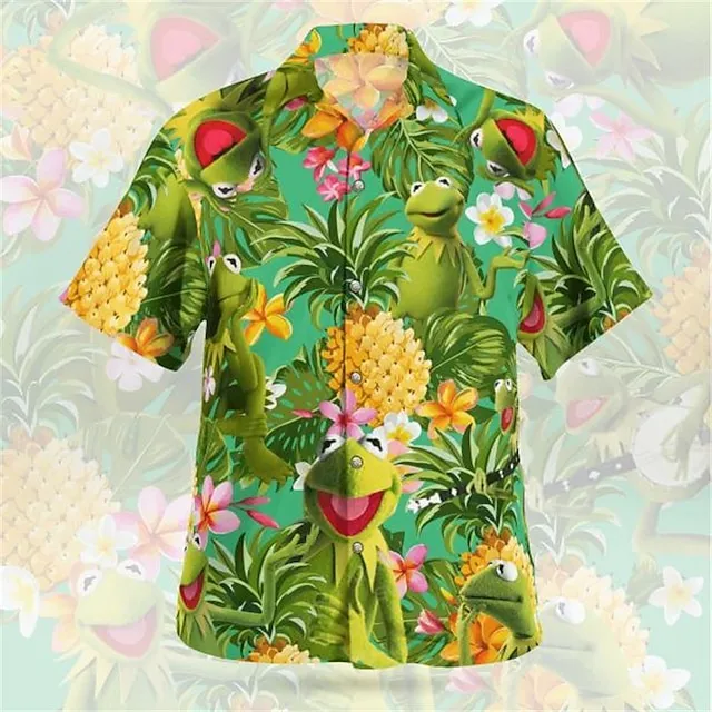 Men's Shirt Summer Hawaiian Shirt Graphic Shirt Aloha Shirt Floral Pineapple Frog Turndown Olive Green Red green Pink Red Blue 3D Print Outdoor Street Short Sleeve Button-Down Clothing Apparel