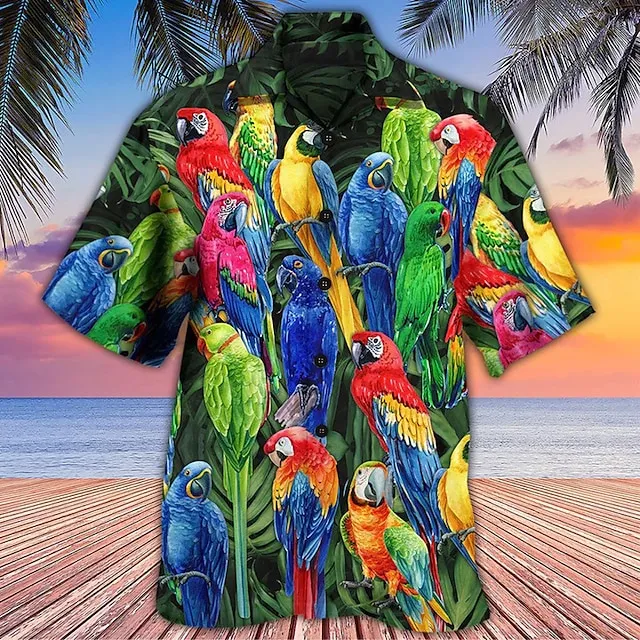 Men’s Shirt Summer Hawaiian Shirt Camp Collar Shirt Graphic Shirt Aloha Shirt Parrot Turndown Yellow Light Green Pink Red Blue 3D Print Outdoor Street Short Sleeve Button-Down Clothing Apparel 16bce04939972107df9f4be68f12ab66
