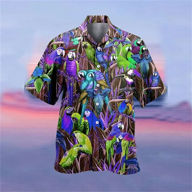 Men’s Shirt Summer Hawaiian Shirt Camp Collar Shirt Graphic Shirt Aloha Shirt Parrot Turndown Yellow Light Green Pink Red Blue 3D Print Outdoor Street Short Sleeve Button-Down Clothing Apparel 477c1ccf17fac9d12618722e267bd631