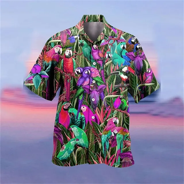 Men’s Shirt Summer Hawaiian Shirt Camp Collar Shirt Graphic Shirt Aloha Shirt Parrot Turndown Yellow Light Green Pink Red Blue 3D Print Outdoor Street Short Sleeve Button-Down Clothing Apparel 9f93d15b8dc9032ba374b90de61514c9