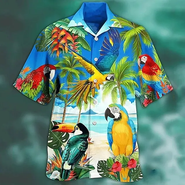 Men’s Shirt Summer Hawaiian Shirt Camp Collar Shirt Graphic Shirt Aloha Shirt Parrot Turndown Yellow Light Green Pink Red Blue 3D Print Outdoor Street Short Sleeve Button-Down Clothing Apparel e13191dcbc1c35323152d3731ea93109