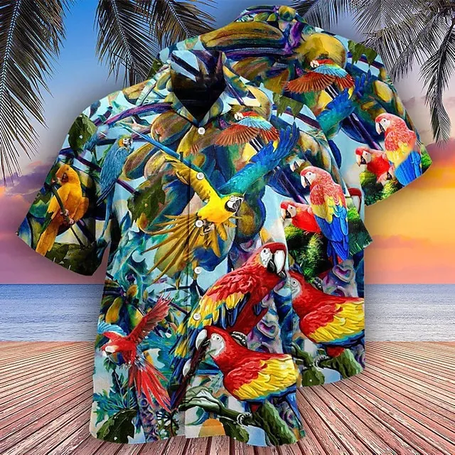 Men’s Shirt Summer Hawaiian Shirt Camp Collar Shirt Graphic Shirt Aloha Shirt Parrot Turndown Yellow Light Green Pink Red Blue 3D Print Outdoor Street Short Sleeve Button-Down Clothing Apparel fe1e368ff543e0cd0e8e20983b9747b9