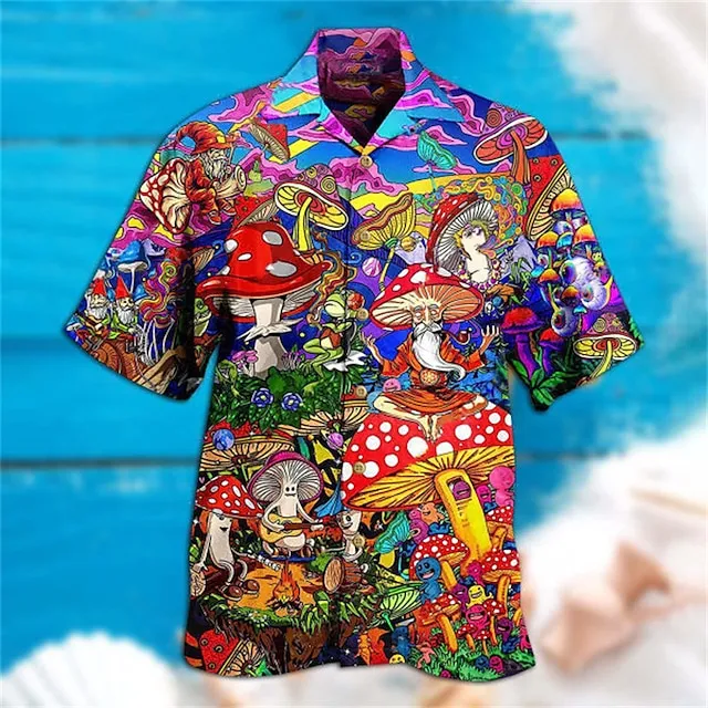 Men's Shirt Mushroom Shirt Graphic Print Turndown Green Black Purple Yellow Rainbow Outdoor Street 3D Button-Down Clothing Apparel Fashion Designer Casual Breathable