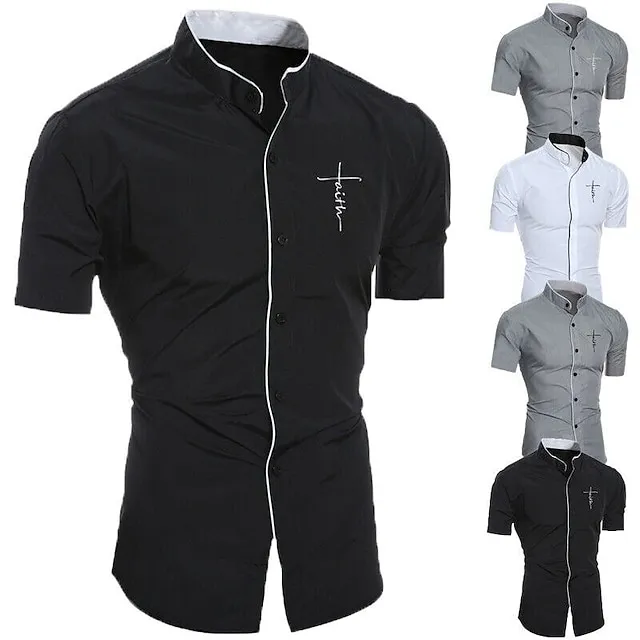 Men's Dress Shirt Collared Shirt Collarless Shirt Black White Gray Short Sleeve Plain Stand Collar Summer Spring Wedding Outdoor Clothing Apparel Button-Down