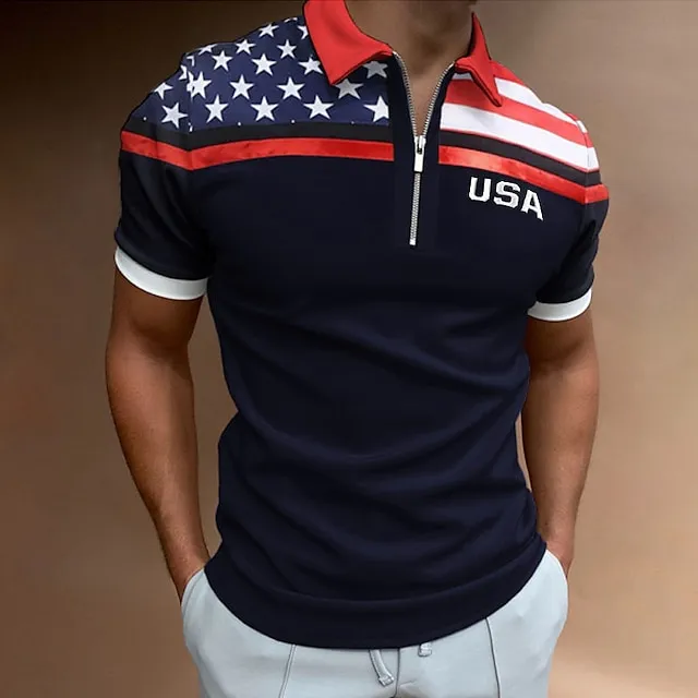 Men's Polo Shirt Quarter Zip Polo Street Casual Turndown Quarter Zip Short Sleeve Fashion Casual Flag Zipper Quarter Zip Spring & Summer Regular Fit Navy Blue Dark Green Gray Polo Shirt