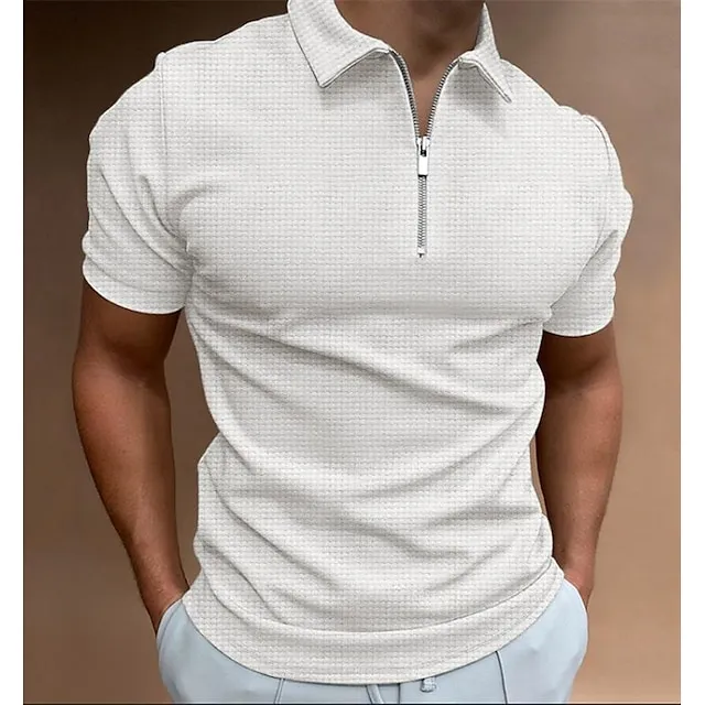 Men’s Waffle Polo Shirt Golf Shirt Casual Quarter Zip Short Sleeve Sports Designer Solid Color Patchwork Zipper Summer Regular Fit Black Royal Blue Khaki Light Grey Dark Gray Waffle Polo Shirt 4c38cb0353b47cd901bb698be8a0aab4