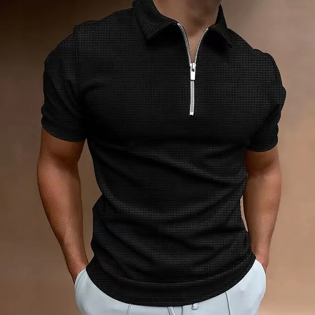 Men’s Waffle Polo Shirt Golf Shirt Casual Quarter Zip Short Sleeve Sports Designer Solid Color Patchwork Zipper Summer Regular Fit Black Royal Blue Khaki Light Grey Dark Gray Waffle Polo Shirt 52ed6bbc852f24bd5b3fe7579cf87364