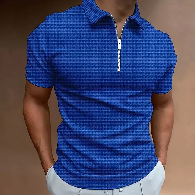 Men’s Waffle Polo Shirt Golf Shirt Casual Quarter Zip Short Sleeve Sports Designer Solid Color Patchwork Zipper Summer Regular Fit Black Royal Blue Khaki Light Grey Dark Gray Waffle Polo Shirt a27240d25a0f7ef798411190fc4caabb