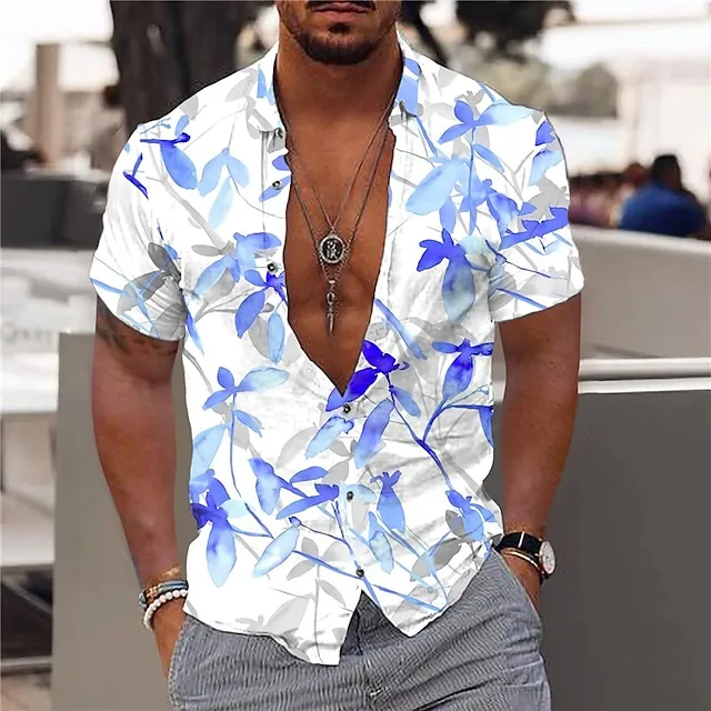 Men's Shirt Summer Hawaiian Shirt Graphic Shirt Leaves Turndown White Yellow Pink Blue Light Purple 3D Print Outdoor Street Short Sleeves Print Button-Down Clothing Apparel Fashion Designer Casual
