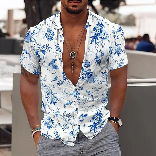 Men's Shirt Summer Hawaiian Shirt Graphic Shirt Floral Leaves Turndown Yellow Light Green Blue Light Purple Purple 3D Print Outdoor Street Short Sleeves Button-Down Print Clothing Apparel Fashion