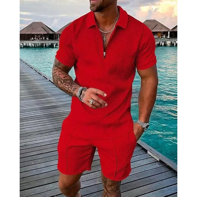 Men's Polo Shirt Golf Shirt Going out golf shirts Quarter Zip Short Sleeve Streetwear Sportswear Textured Waves Zipper Spring & Summer Slim Black Yellow Pink Red Navy Blue Blue Polo Shirt