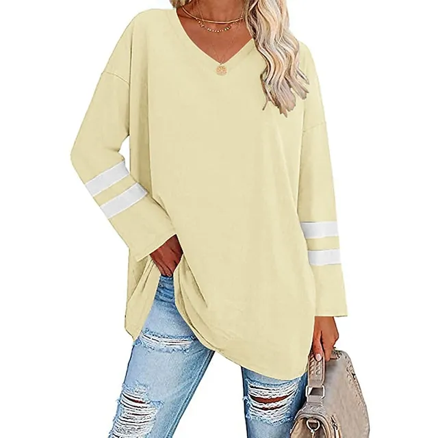 Women’s T shirt Tee Cotton Striped Casual Weekend Black White Yellow Long Sleeve Daily Basic V Neck Regular Fit Fall & Winter 0fc0c52e09946a5413ac639dddfddc37