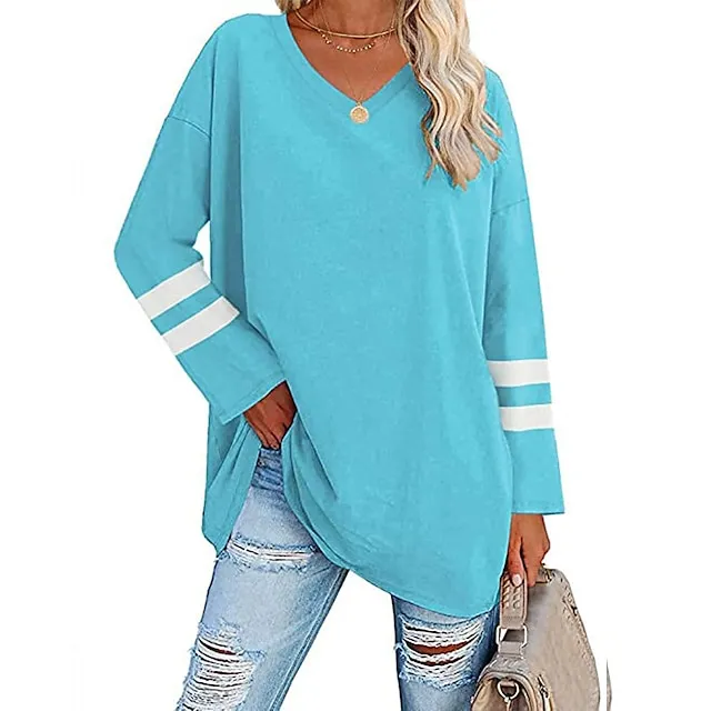 Women’s T shirt Tee Cotton Striped Casual Weekend Black White Yellow Long Sleeve Daily Basic V Neck Regular Fit Fall & Winter 34d70b164a178360d3490439547f9386