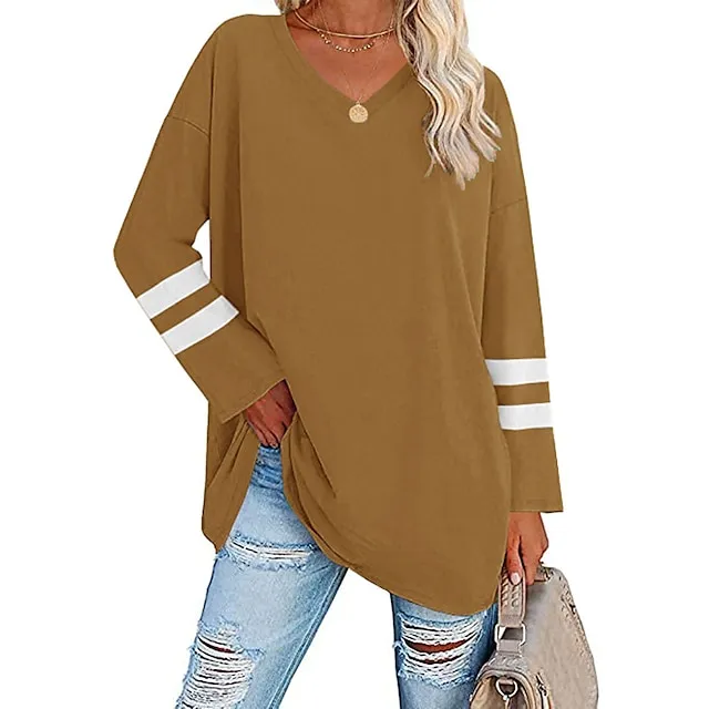 Women’s T shirt Tee Cotton Striped Casual Weekend Black White Yellow Long Sleeve Daily Basic V Neck Regular Fit Fall & Winter 35f9f0c123b1427263d75dac6466fa46