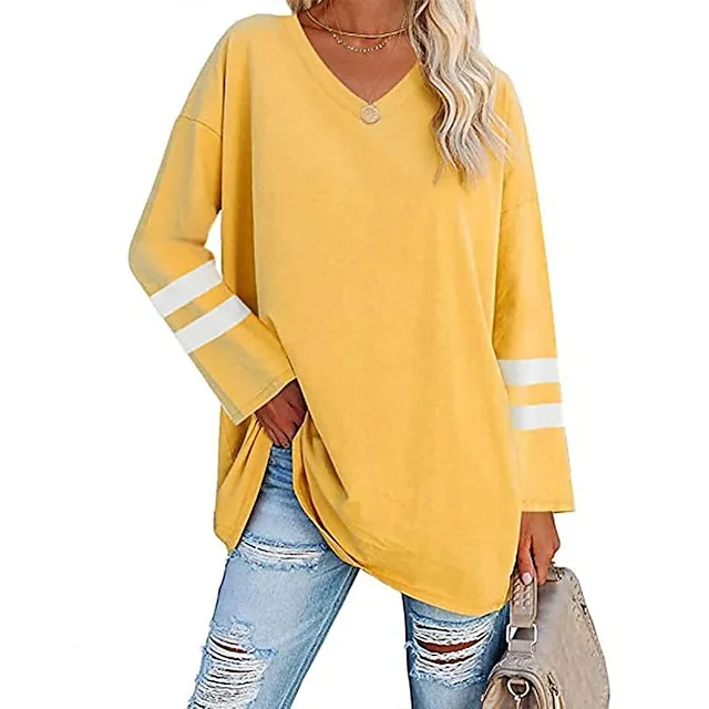 Women’s T shirt Tee Cotton Striped Casual Weekend Black White Yellow Long Sleeve Daily Basic V Neck Regular Fit Fall & Winter b50bcec912524e2671a37b33b0278ea6