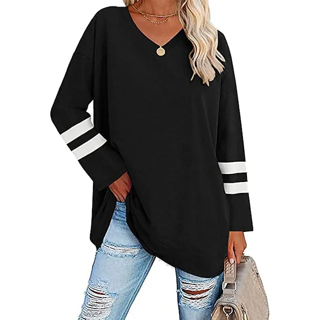 Women’s T shirt Tee Cotton Striped Casual Weekend Black White Yellow Long Sleeve Daily Basic V Neck Regular Fit Fall & Winter d275eb4129dc566d52a5bedfeae87984