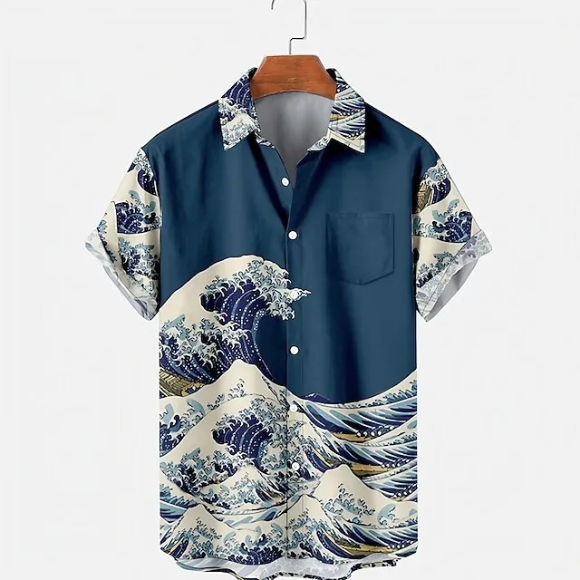 Men's Shirt Graphic Shirt Waves Turndown Blue 3D Print Street Daily Short Sleeve 3D Button-Down Clothing Apparel Fashion Designer Casual Breathable / Beach