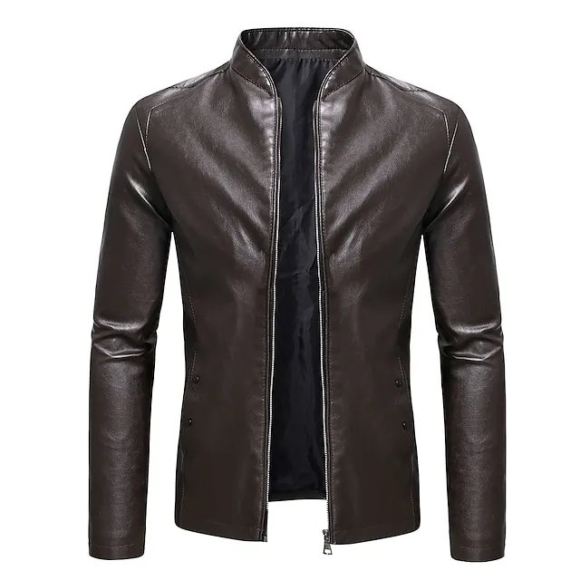 Men’s Faux Leather Jacket Biker Jacket Motorcycle Jacket Formal Street Thermal Warm Windproof Adjustable Fall Pure Color Formal Stand Collar Regular Regular Faux Leather Slim Black Wine Coffee Jacket aff347ce31dc916090c7de0cbe58810a