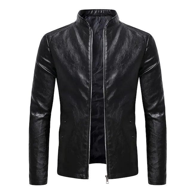 Men’s Faux Leather Jacket Biker Jacket Motorcycle Jacket Formal Street Thermal Warm Windproof Adjustable Fall Pure Color Formal Stand Collar Regular Regular Faux Leather Slim Black Wine Coffee Jacket e8dbefaa3597a9e6e038b55586fea267
