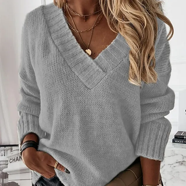 Women’s Pullover Sweater jumper Jumper Ribbed Knit Knitted Pure Color V Neck Stylish Casual Holiday Going out Winter Fall Blue Khaki S M L / Long Sleeve / Regular Fit 833823a56def9dc49ad5072401f635c0