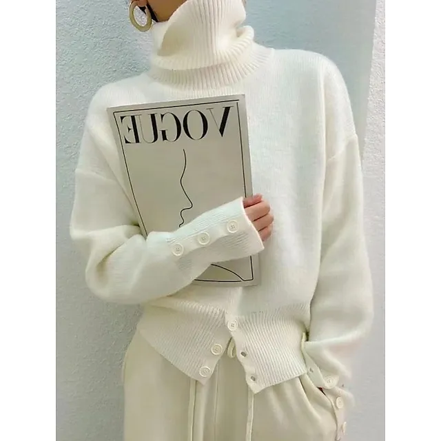 Women's Pullover Sweater Jumper Turtleneck Crochet Knit Knit Button Knitted Fall Winter Cropped Daily Holiday Stylish Casual Long Sleeve Solid Color White S M L