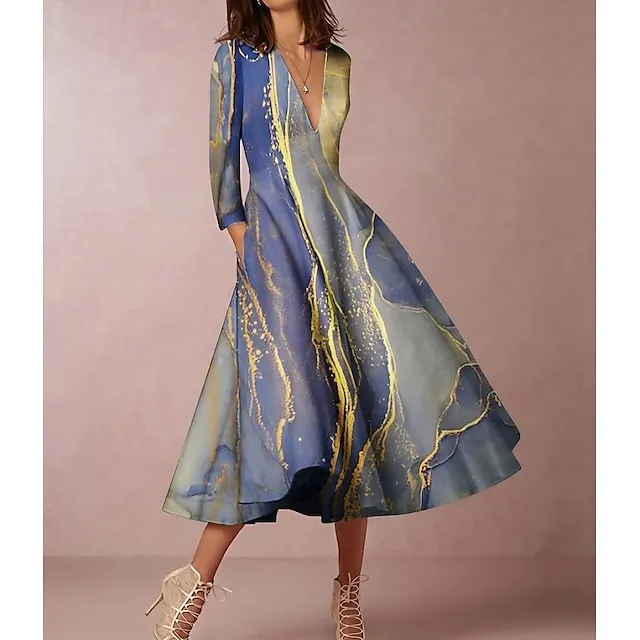 Women‘s Semi Formal Party Dress Wedding Guest Dress Swing Dress Midi Dress Blue 3/4 Length Sleeve Tie Dye Ruched Winter Fall Autumn V Neck Stylish S M L XL XXL 3XL