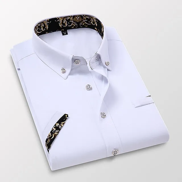 Men’s Dress Shirt Button Down Shirt Collared Shirt Black White Red Short Sleeve Plain Standing Collar Summer Wedding Work Clothing Apparel Button-Down 1f56cd6256191626bf7b765a5bd7ad98