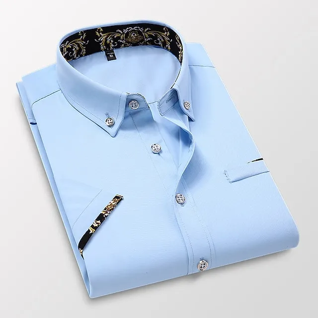 Men’s Dress Shirt Button Down Shirt Collared Shirt Black White Red Short Sleeve Plain Standing Collar Summer Wedding Work Clothing Apparel Button-Down 3ab3d604b68035d71afb8fb10192f338