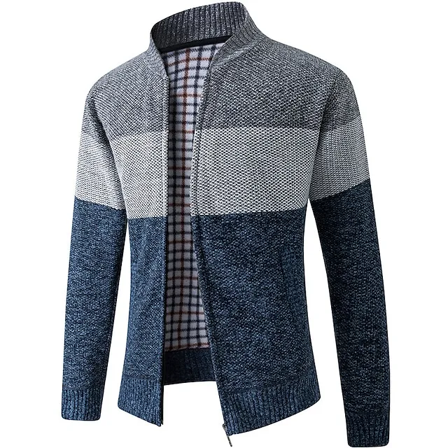 Men’s Cardigan Sweater Fleece Sweater Ribbed Knit Knitted Color Block Standing Collar Warm Ups Modern Contemporary Daily Wear Going out Clothing Apparel Fall & Winter Red & White Blue M L XL 0ee757043b056ae8c2af1159984eb2db