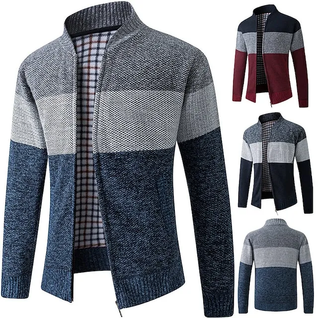Men’s Cardigan Sweater Fleece Sweater Ribbed Knit Knitted Color Block Standing Collar Warm Ups Modern Contemporary Daily Wear Going out Clothing Apparel Fall & Winter Red & White Blue M L XL 47be20c8fd07bbe40eaebd41ac97937c