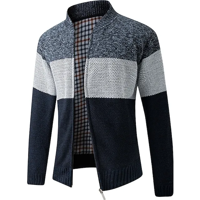 Men’s Cardigan Sweater Fleece Sweater Ribbed Knit Knitted Color Block Standing Collar Warm Ups Modern Contemporary Daily Wear Going out Clothing Apparel Fall & Winter Red & White Blue M L XL 482591de2092a8f5d125a3db198fdd88