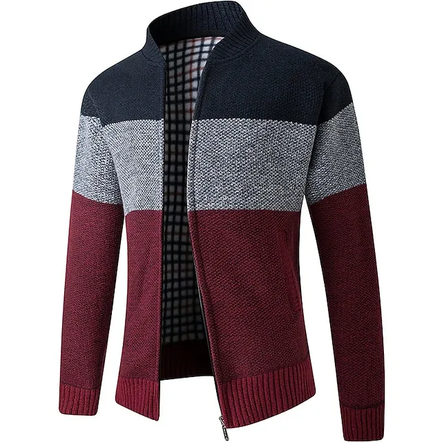 Men’s Cardigan Sweater Fleece Sweater Ribbed Knit Knitted Color Block Standing Collar Warm Ups Modern Contemporary Daily Wear Going out Clothing Apparel Fall & Winter Red & White Blue M L XL 6267140617849671b2701ee7b6d2483c