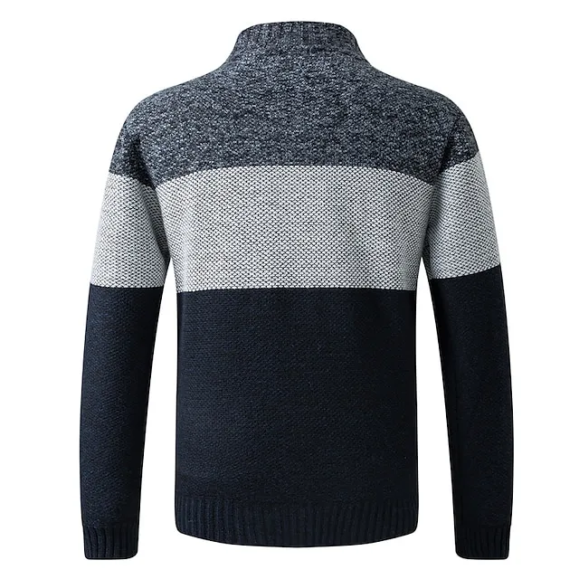 Men’s Cardigan Sweater Fleece Sweater Ribbed Knit Knitted Color Block Standing Collar Warm Ups Modern Contemporary Daily Wear Going out Clothing Apparel Fall & Winter Red & White Blue M L XL d782b010363b7d8a54f289171a2c364f