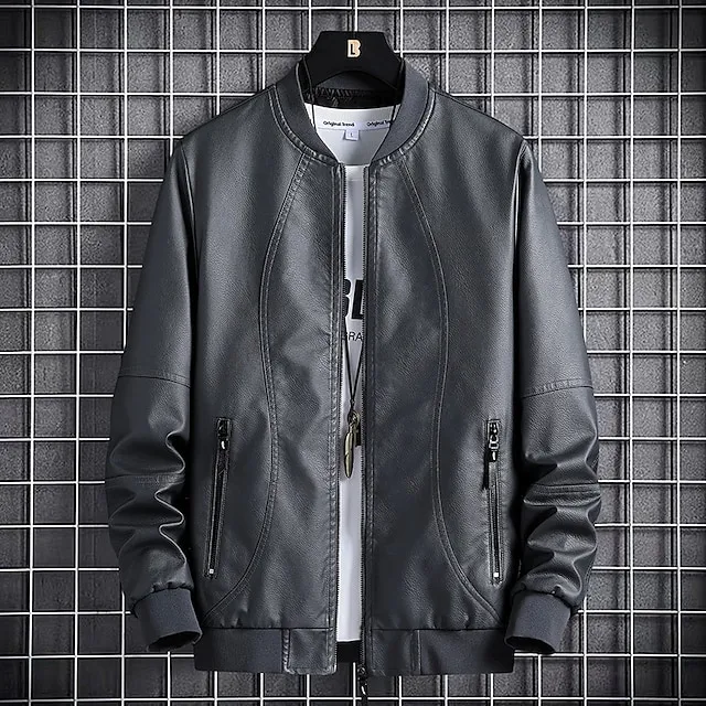 Men’s Bomber Jacket Leather Jacket Waterproof Durable Casual / Daily Outdoor Daily Wear Vacation Zipper Standing Collar Comfort Leisure Jacket Outerwear Solid / Plain Color Pocket Keep Warm Black Gray 201c7609e957ef2ab2fc0c036e5ff434