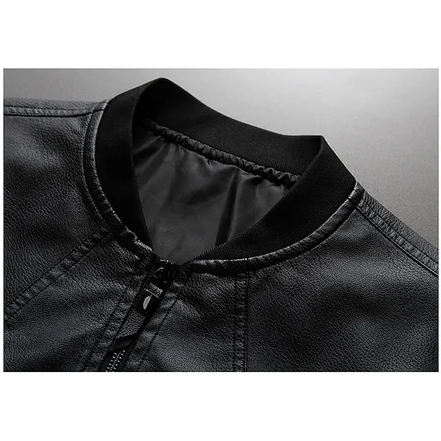 Men’s Bomber Jacket Leather Jacket Waterproof Durable Casual / Daily Outdoor Daily Wear Vacation Zipper Standing Collar Comfort Leisure Jacket Outerwear Solid / Plain Color Pocket Keep Warm Black Gray 86e39b162d3dbd71d6e89110b9ab35c1