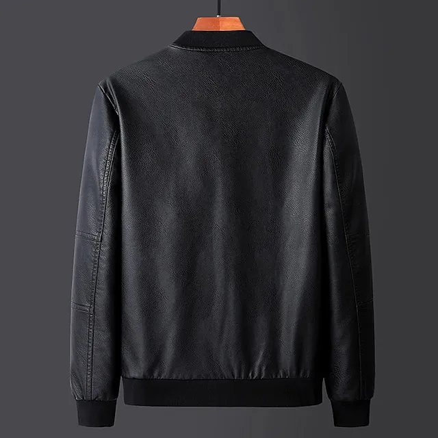 Men’s Bomber Jacket Leather Jacket Waterproof Durable Casual / Daily Outdoor Daily Wear Vacation Zipper Standing Collar Comfort Leisure Jacket Outerwear Solid / Plain Color Pocket Keep Warm Black Gray ceaadfad847068f005f295197cab1d28