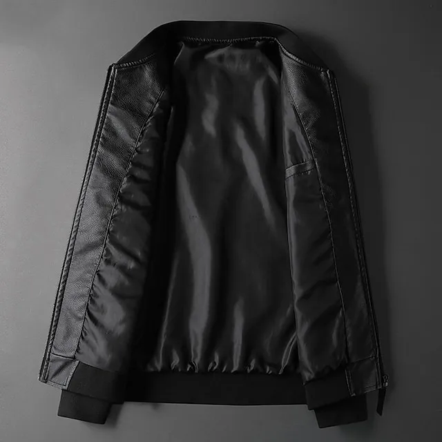 Men’s Bomber Jacket Leather Jacket Waterproof Durable Casual / Daily Outdoor Daily Wear Vacation Zipper Standing Collar Comfort Leisure Jacket Outerwear Solid / Plain Color Pocket Keep Warm Black Gray ddb66c592126d59653a912b0c2d6c8f2