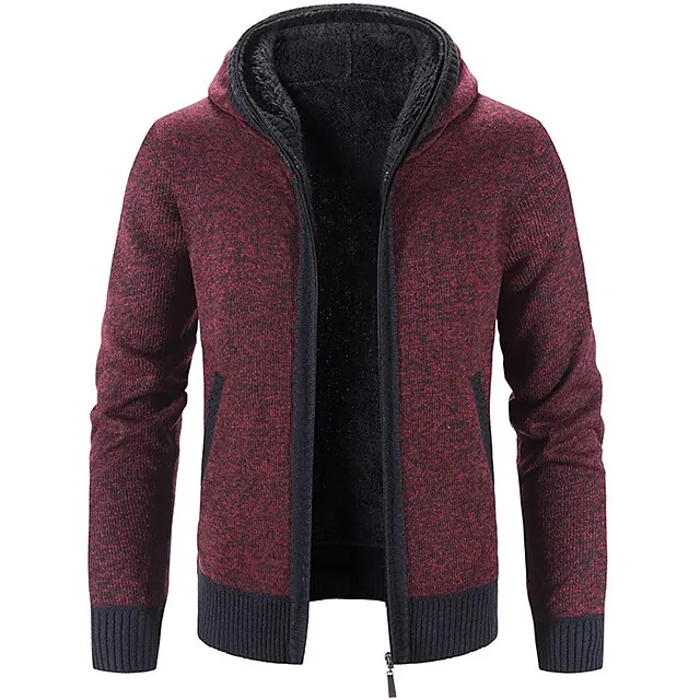 Men’s Cardigan Sweater Fleece Sweater Ribbed Knit Tunic Knitted Color Block Hooded Warm Ups Modern Contemporary Daily Wear Going out Clothing Apparel Winter Fall Burgundy Light Grey M L XL ef0bebb4f85d84dad4756840b9c3040c