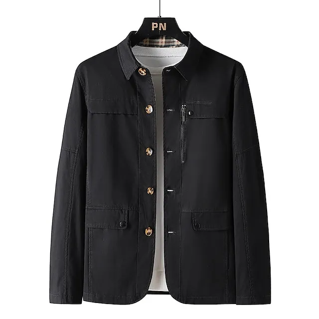 Men’s Chore Jacket Daily Wear Vacation Durable Zipper Pocket Fall Winter Solid / Plain Color Comfort Leisure Lapel Regular Black Green khaki Jacket c4fed7622fd4d89c0d7239998705087c