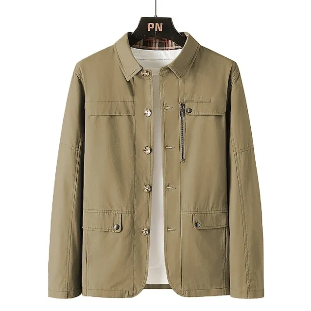 Men’s Chore Jacket Daily Wear Vacation Durable Zipper Pocket Fall Winter Solid / Plain Color Comfort Leisure Lapel Regular Black Green khaki Jacket ca6f17065fb280f840b75f560fa1cffb