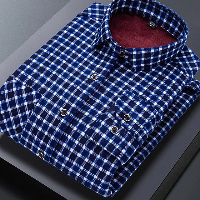 Men's Dress Shirt Button Up Shirt Plaid Shirt Collared Shirt Fleece Shirt A B C Long Sleeve Plaid Turndown Winter Wedding Outdoor Clothing Apparel