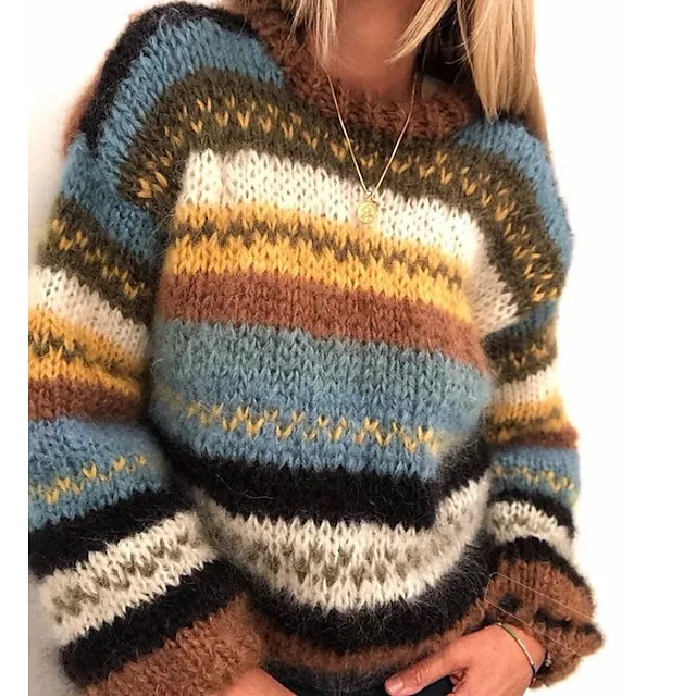 Women's Pullover Sweater Jumper Crew Neck Ribbed Knit Acrylic Knitted Fall Winter Outdoor Daily Holiday Stylish Casual Soft Long Sleeve Striped Pure Color Blue Purple Orange S M L