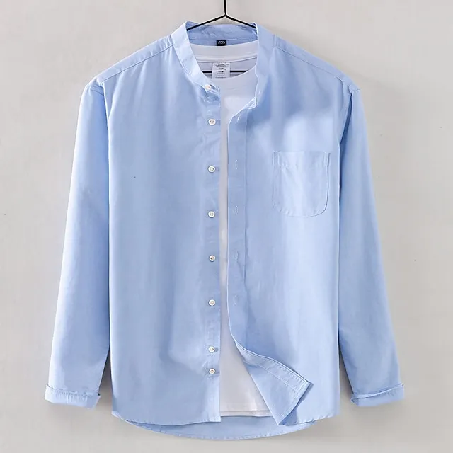 Men's Dress Shirt Collarless Shirt Oxford Shirt Sea Blue White Yellow Long Sleeve Plain Stand Collar Spring & Fall Wedding Outdoor Clothing Apparel