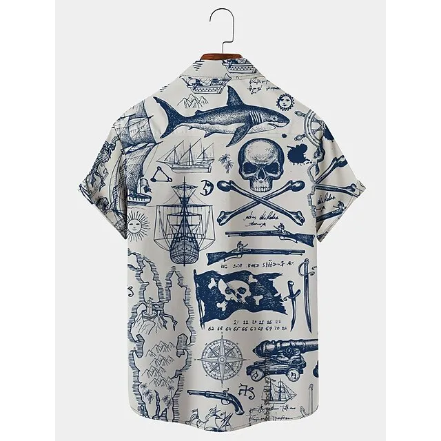 Men’s 50s Vintage Hawaiian Shirts Nautical Map Pirate Ship Skull Seersucker Wrinkle Free Easy Care Aloha Shirts 1e82dff19c92e6836bca329a0958328f