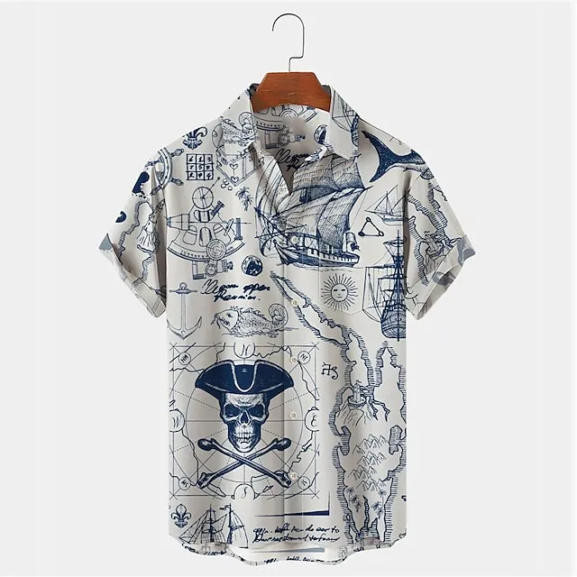Men’s 50s Vintage Hawaiian Shirts Nautical Map Pirate Ship Skull Seersucker Wrinkle Free Easy Care Aloha Shirts 8e997dc2159af3eea690f5ef9dbe907b